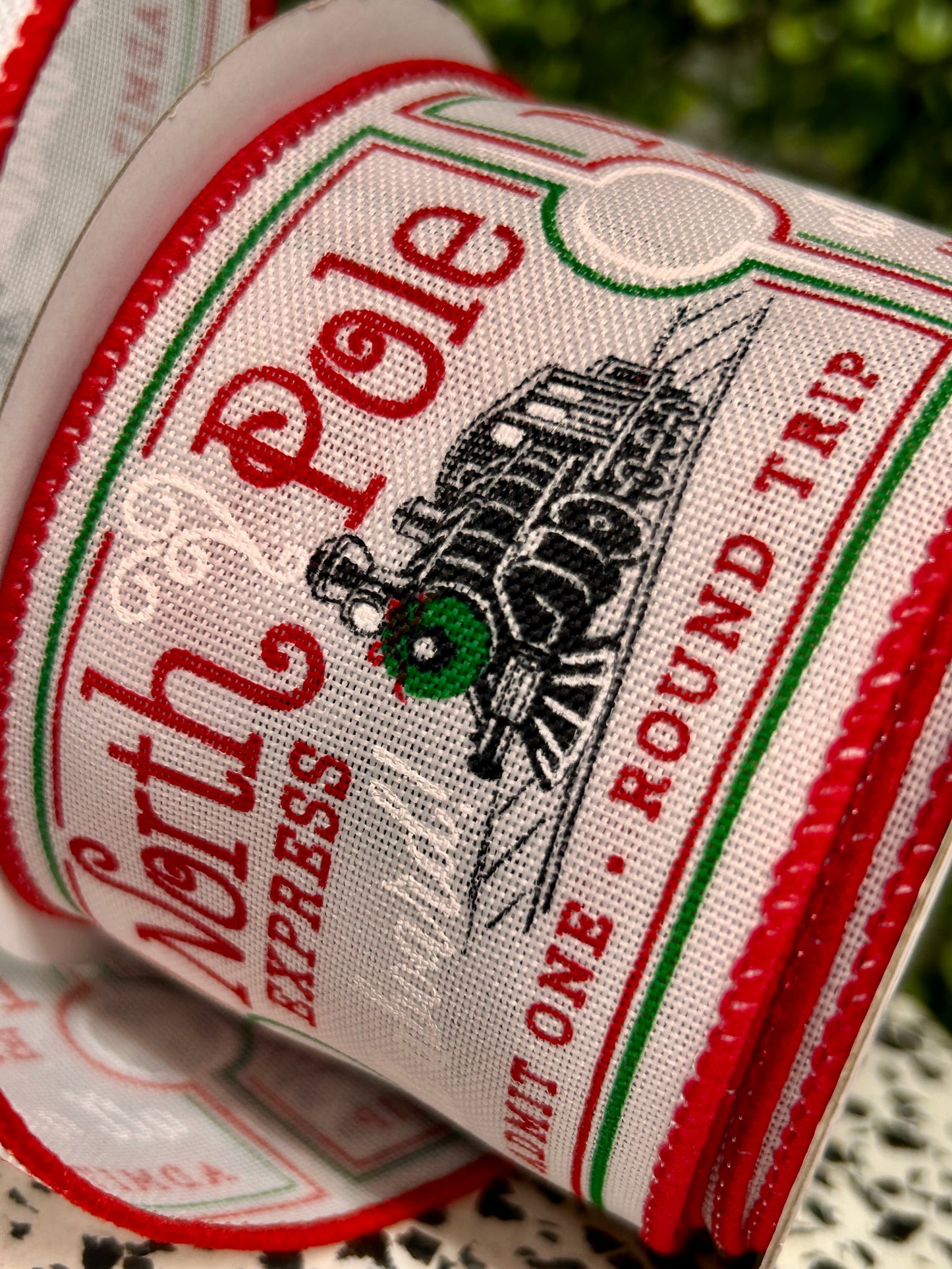 2.5 Inch By 10 Yard North Pole Train Ticket Ribbon