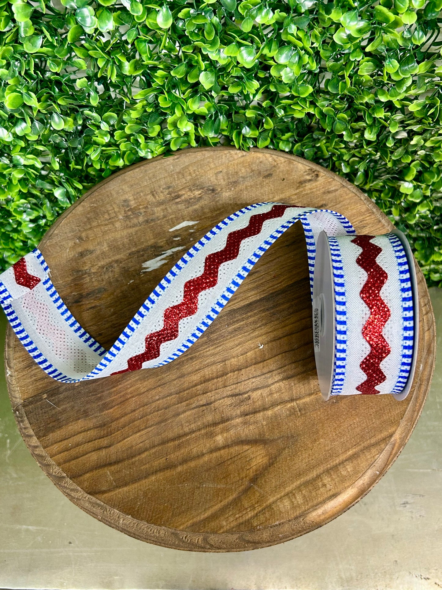 1.5 Inch By 10 Yard Red White And Blue Royal Burlap Ric Rac And Stripe Ribbon