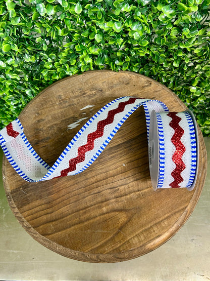 1.5 Inch By 10 Yard Red White And Blue Royal Burlap Ric Rac And Stripe Ribbon