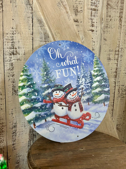 12 Inch Oh What Fun! Snowman Metal Sign
