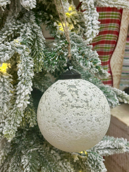 4 Inch Matte White And Clear Rustic Glass Ball Ornament