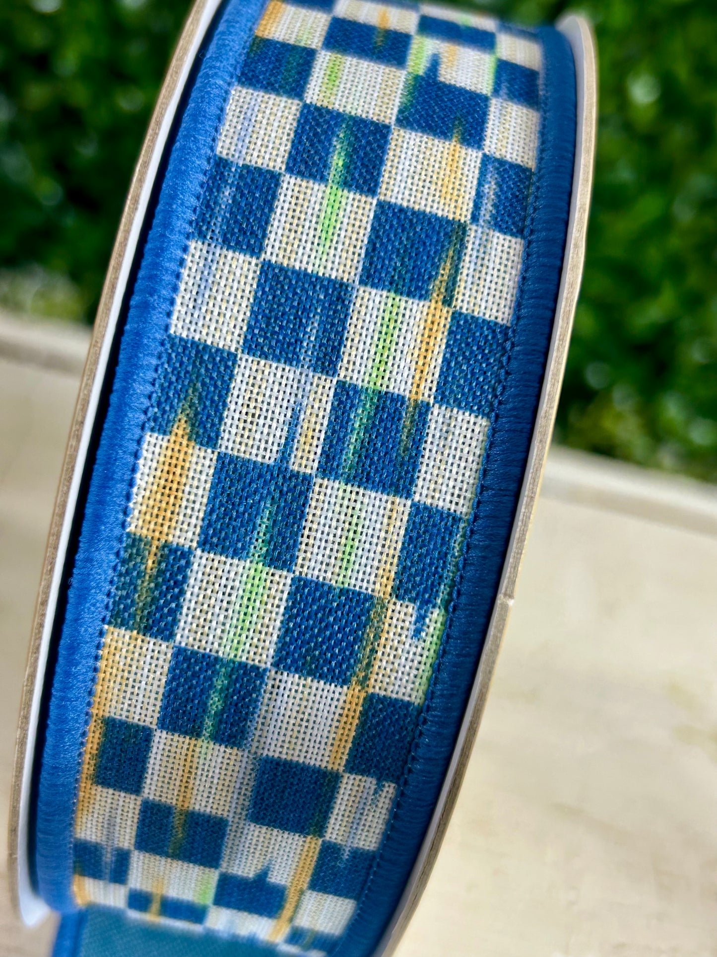 1.5 Inch By 10 Yard Beige And Blue Mini Antique Checkerboard Fused Ribbon