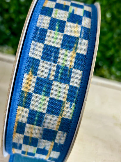 1.5 Inch By 10 Yard Beige And Blue Mini Antique Checkerboard Fused Ribbon