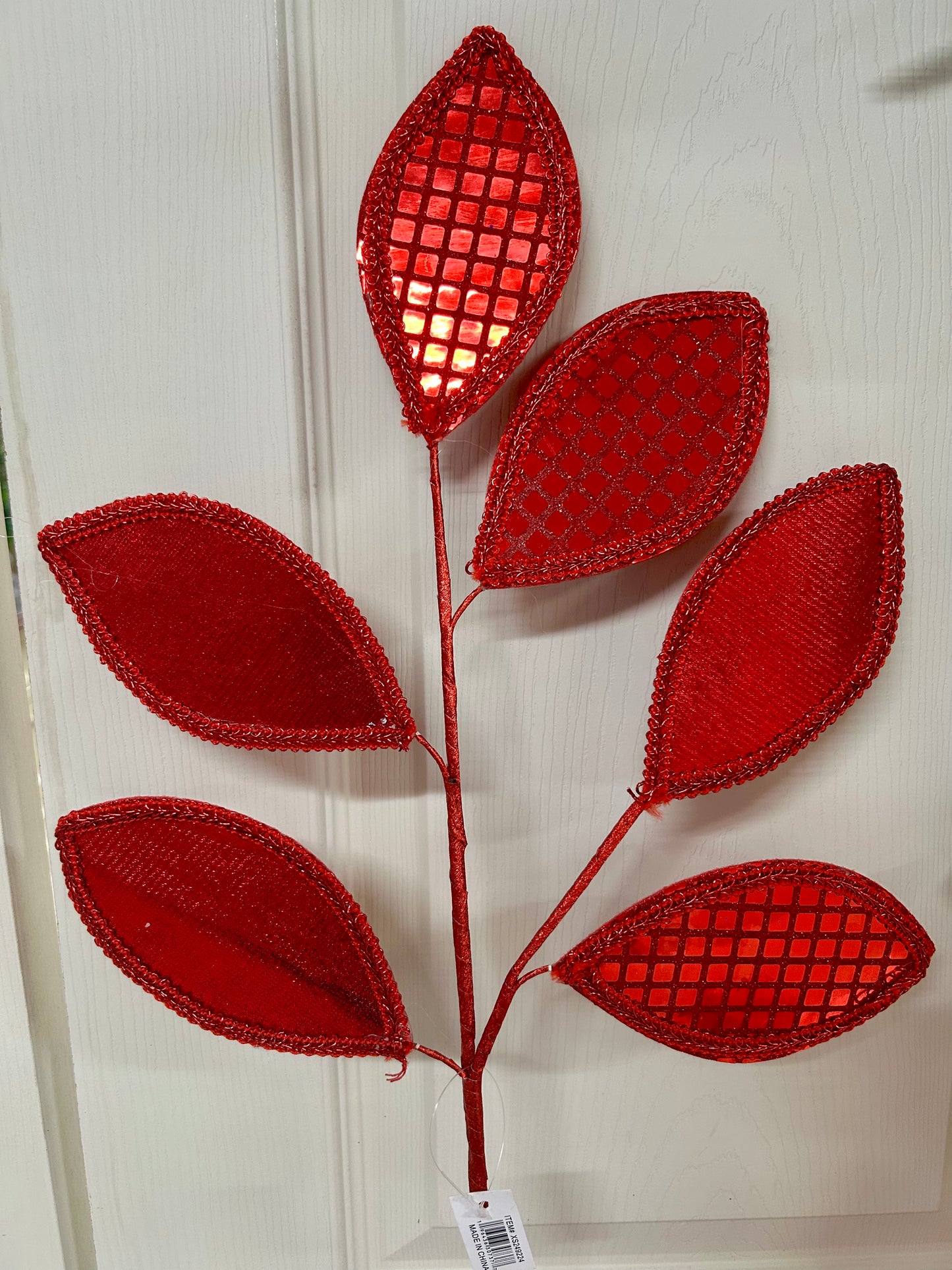 28 Inch Red Square Sequin Glitter Leaf Spray