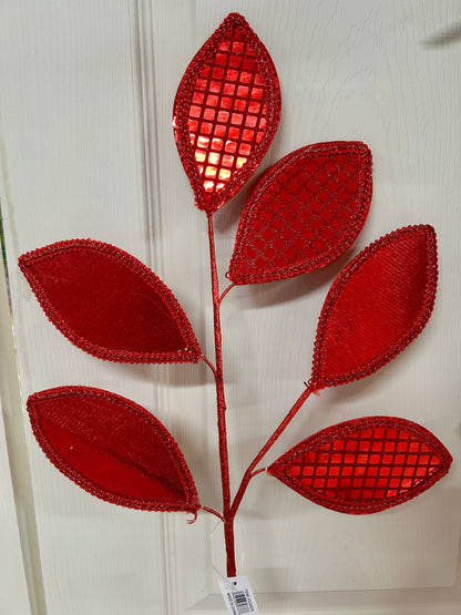 28 Inch Red Square Sequin Glitter Leaf Spray