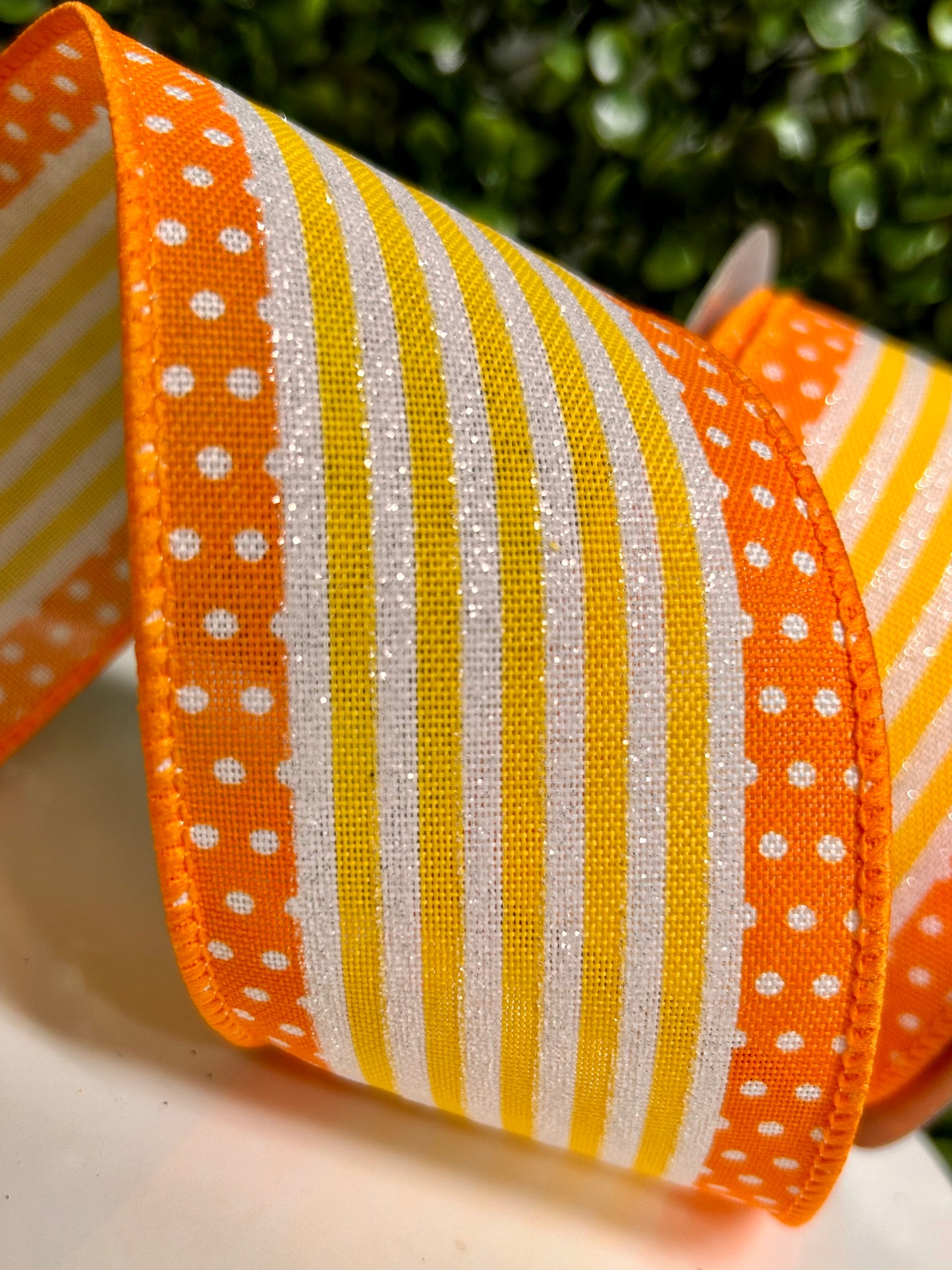 2.5 Inch By 10 Yard White Orange And Yellow Vertical Stripe And Polka Dot Ribbon