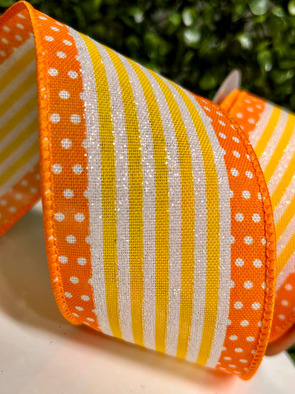 2.5 Inch By 10 Yard White Orange And Yellow Vertical Stripe And Polka Dot Ribbon