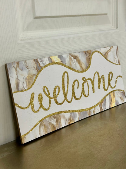12.5 Inch Glitter Welcome Marble Wood Sign
