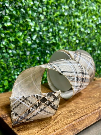 2.5 Inch By 10 Yard Natural Black And Gold Plaid Ribbon