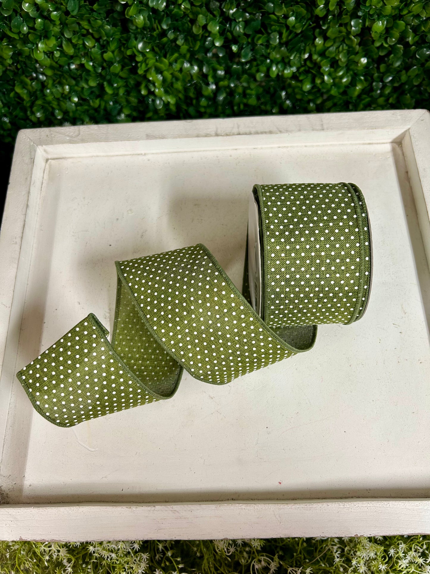 2.5 Inch By 10 Yards Moss Green And White Raised Swiss Dots On Royal Ribbon