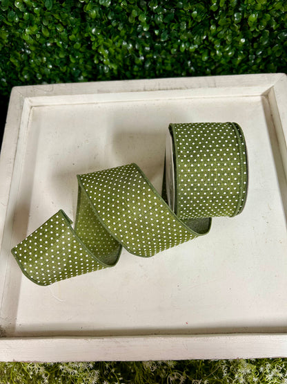 2.5 Inch By 10 Yards Moss Green And White Raised Swiss Dots On Royal Ribbon