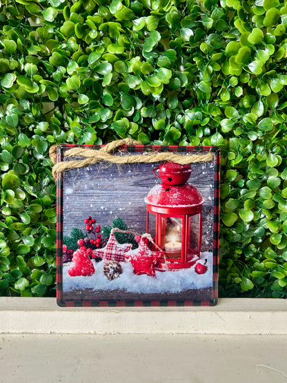 5 Inch Square Snowy Lantern With Ornament Metal Sign