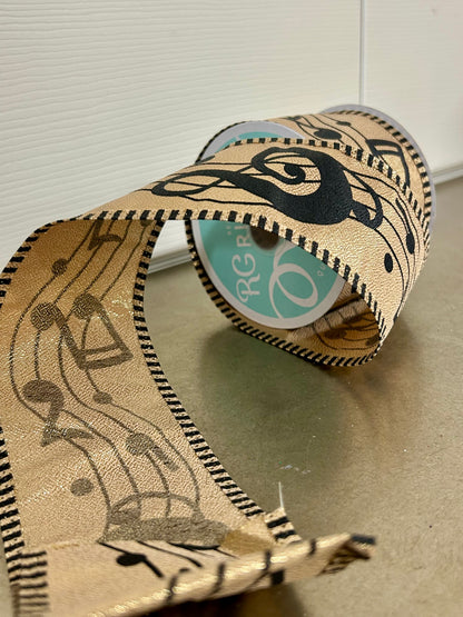2.5 Inch By 10 Yard Gold And Black Bold Music Notes Striped Ribbon