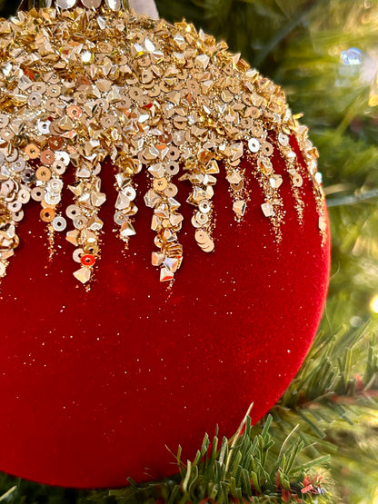4.75 Inch Burgundy And Gold Flocked Sequin 2D Ball Ornament