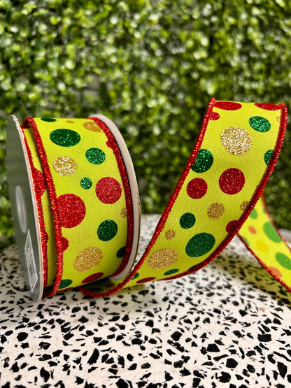 1.5 Inch By 10 Yard Red Gold Lime And Emerald Polka Dot Ribbon