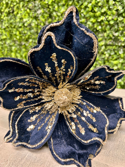 9 Inch Navy Blue With Champagne Sequins Velvet Magnolia Stem
