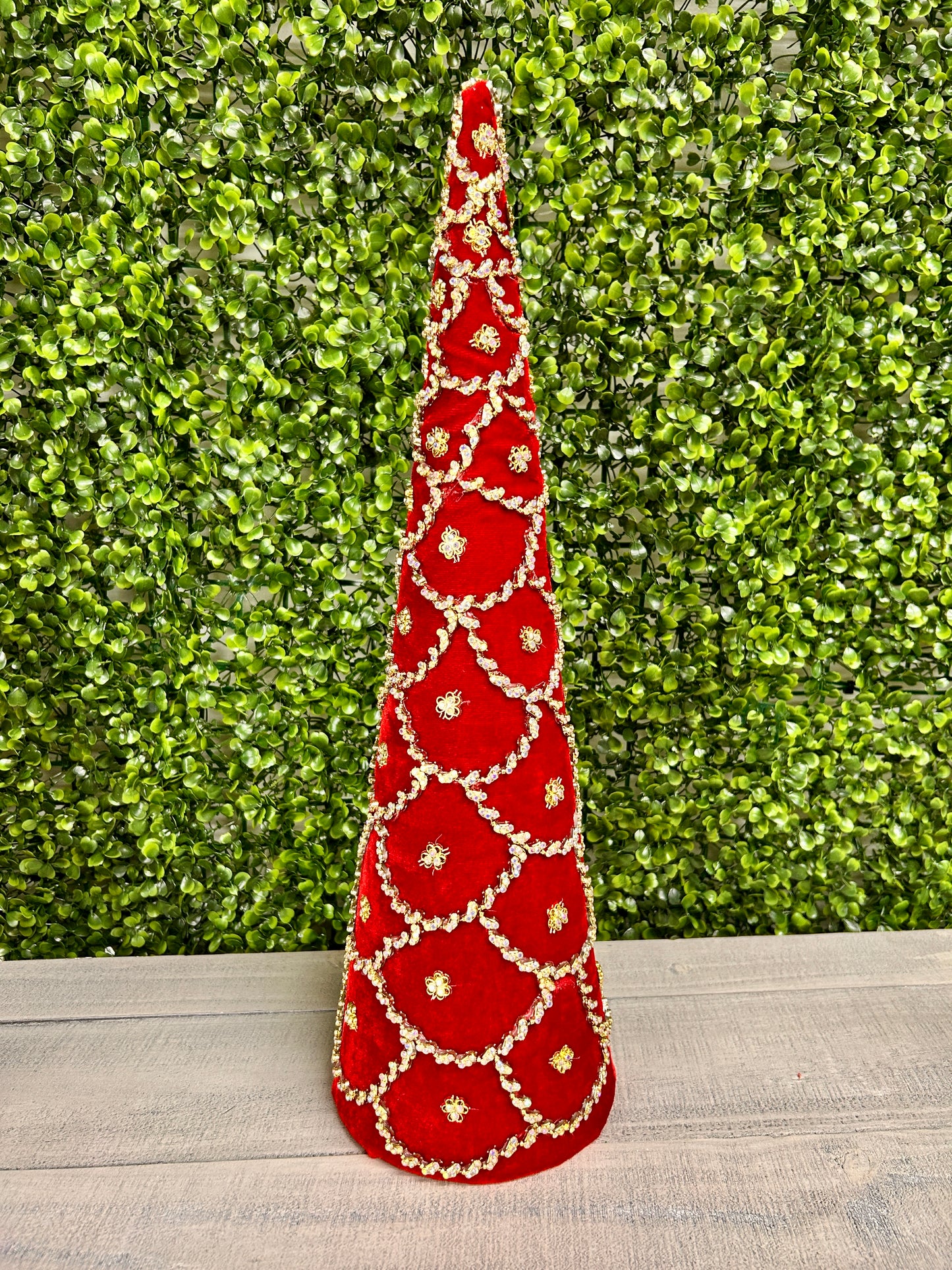 Set Of Two 18 And 24 Inch Red Jeweled Scalloped Velvet Cone Tree