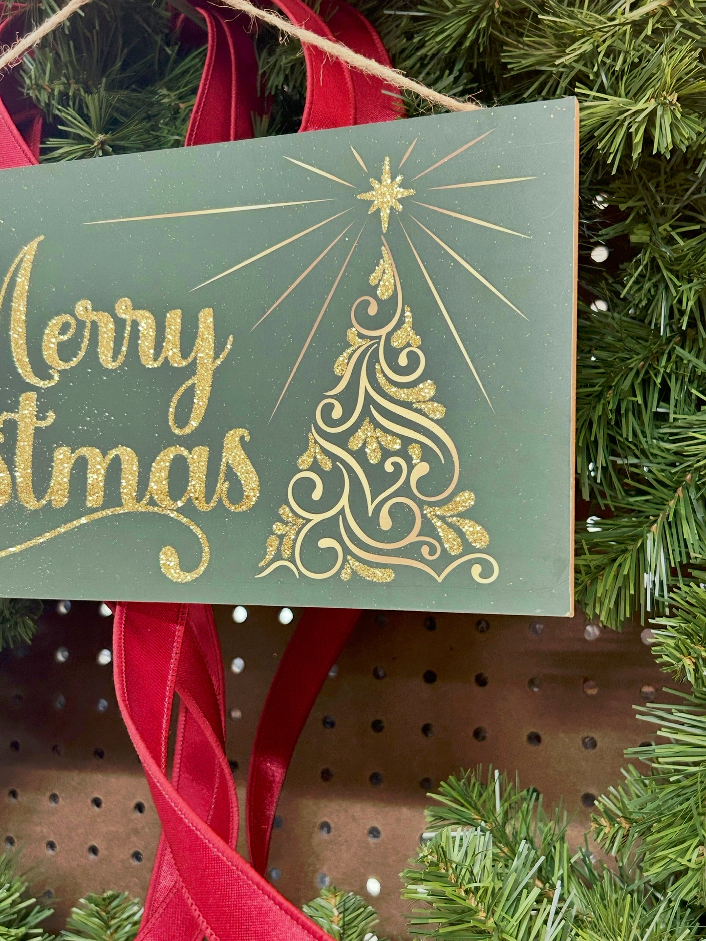 12.5 Inch Hunter Green And Gold Glitter Christmas Swirl Tree Sign