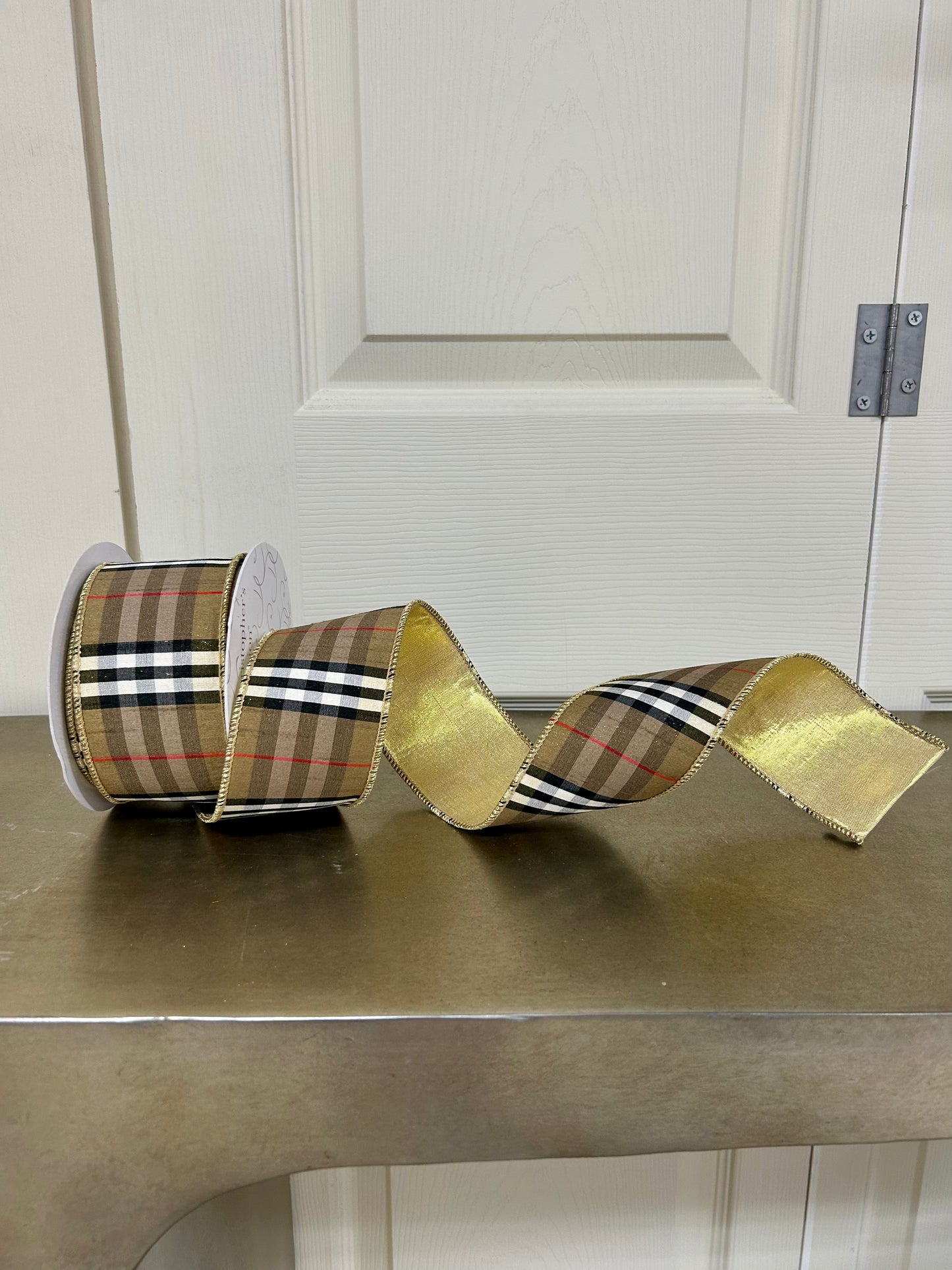 2.5 Inch By 10 Yard Burberry Black And Tan Plaid With Gold Back Ribbon