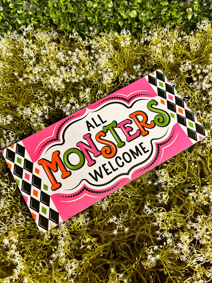 12.5 Inch Pink And Green All Monsters Welcome Wood Sign