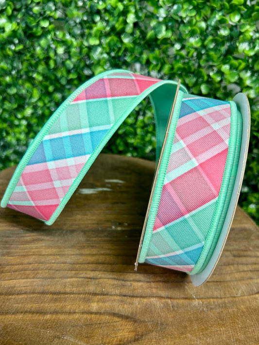 1.5 Inch By 10 Yard Light Teal Pink And Mint Bold Plaid Fused Ribbon