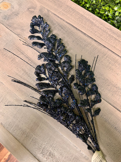 29 Inch Midnight Blue Glitter Sequin Forest Fern Spray