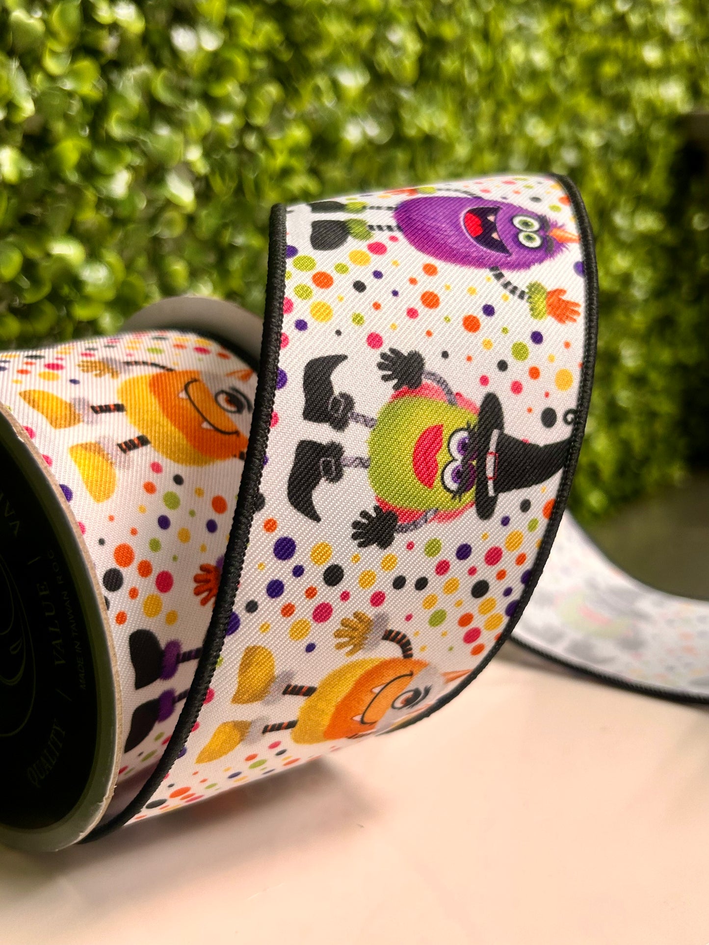 2.5 Inch By 10 Yard Multicolor Halloween Monsters On White Background Ribbon