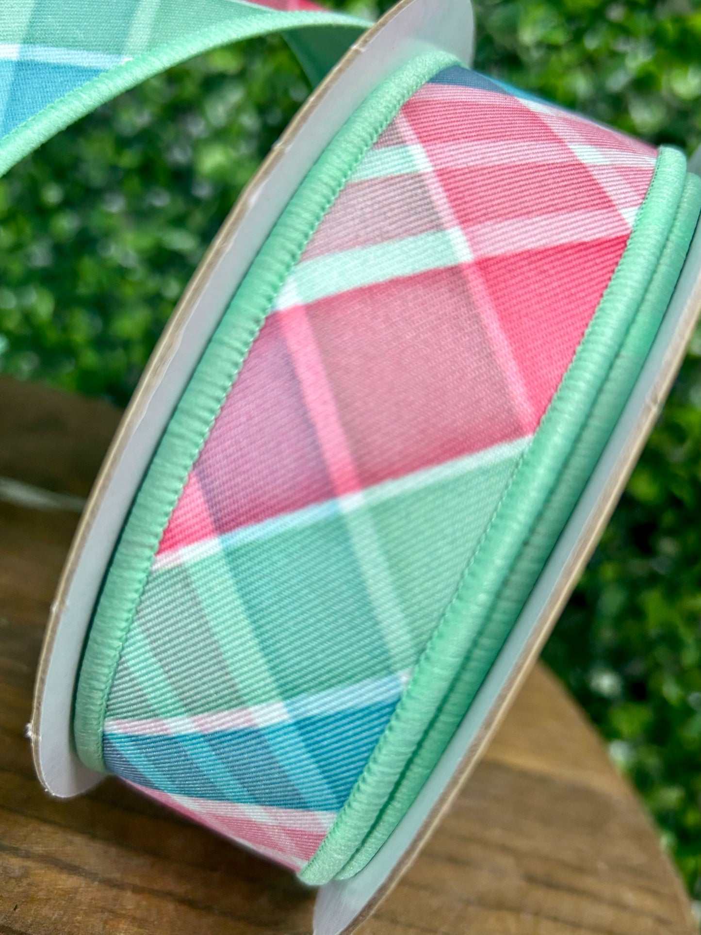 1.5 Inch By 10 Yard Light Teal Pink And Mint Bold Plaid Fused Ribbon