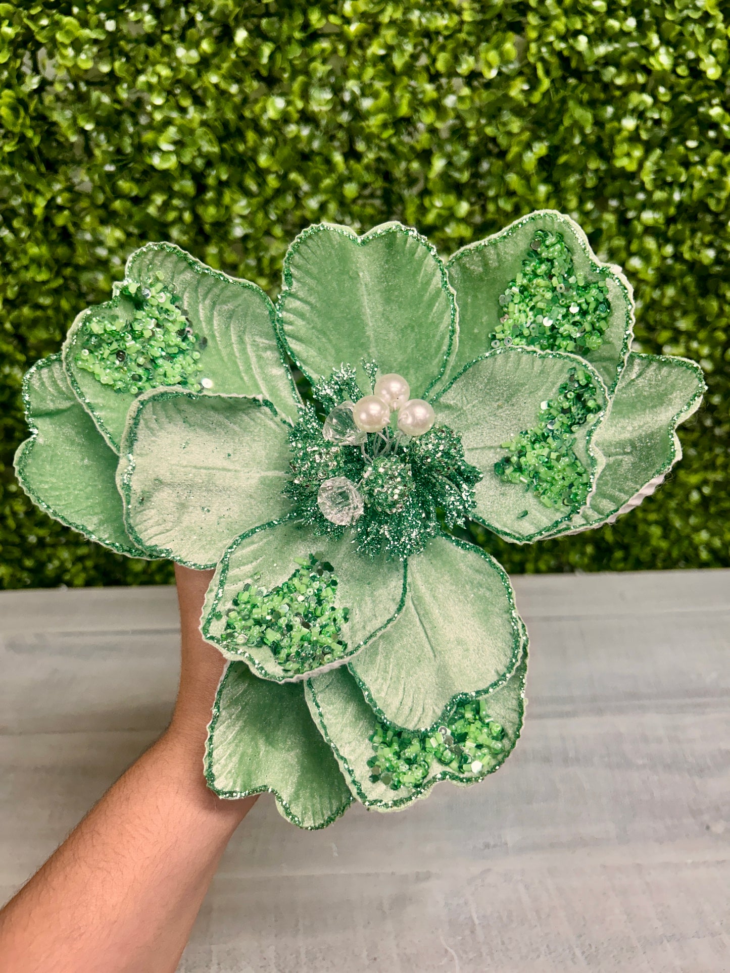22 Inch Sage Green Glitter Sequin And Bead Magnolia Spray