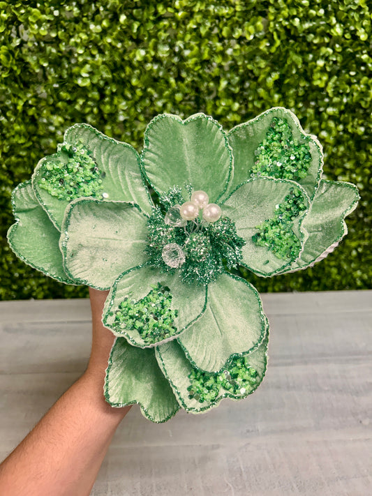 22 Inch Sage Green Glitter Sequin And Bead Magnolia Spray