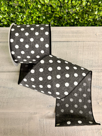 4 Inch By 10 Yard Black And White Polka Dot Linen Ribbon