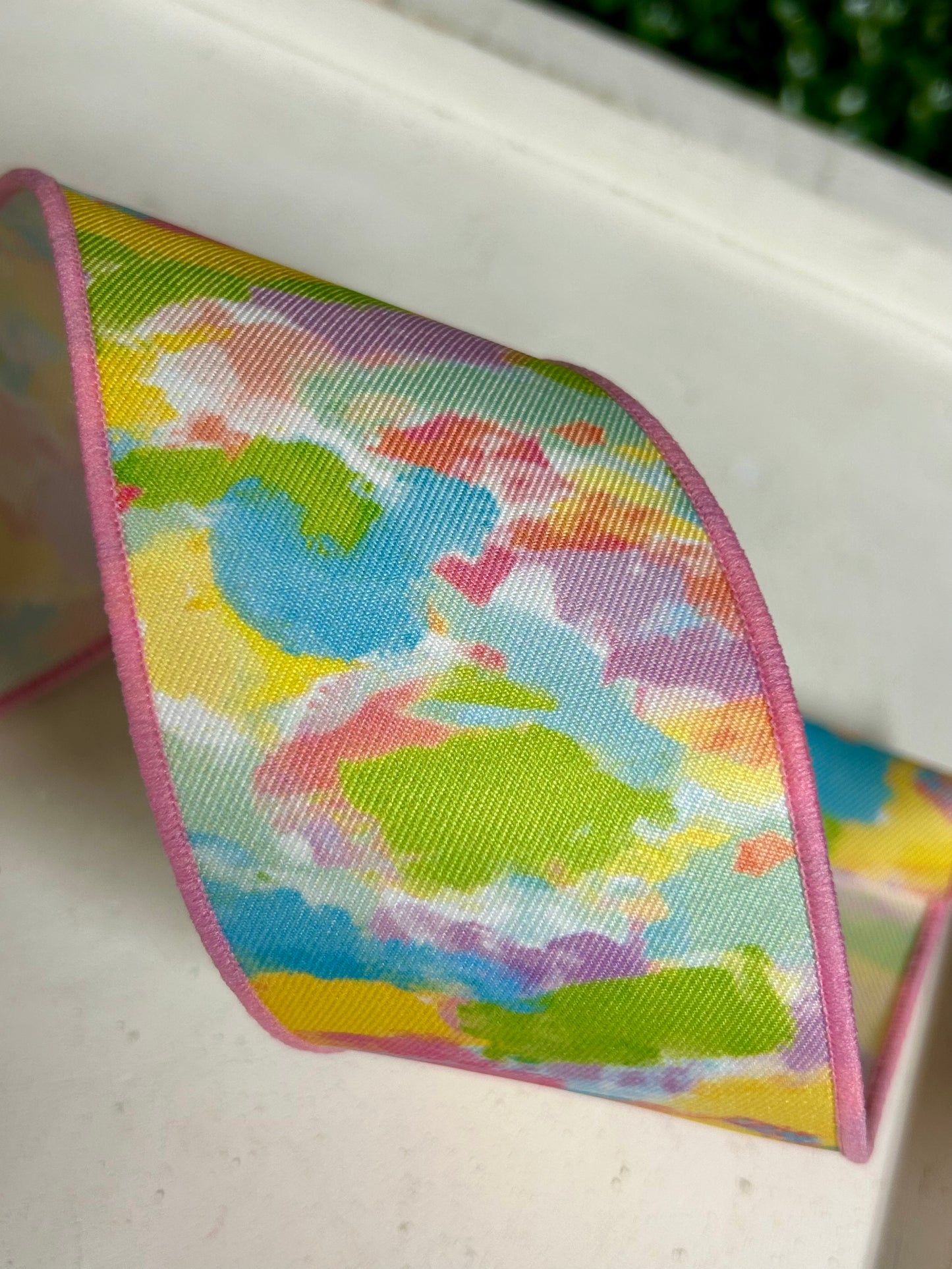 2.5 Inch By 10 Yard Ivory Yellow Pink And Blue Abstract Paint Ribbon