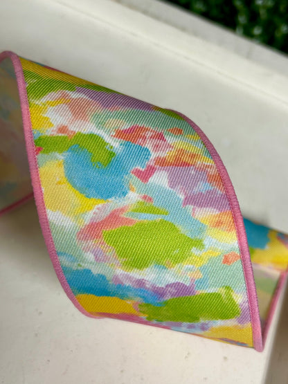 2.5 Inch By 10 Yard Ivory Yellow Pink And Blue Abstract Paint Ribbon
