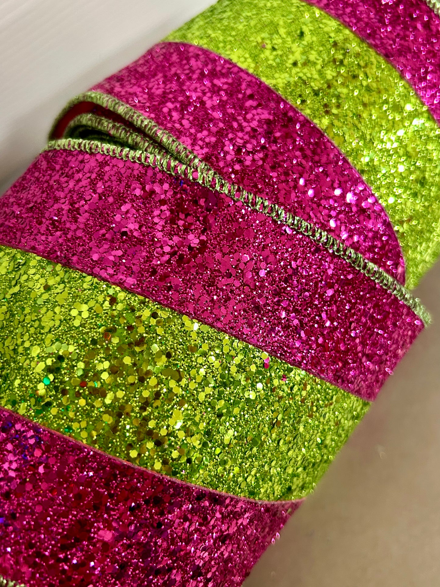 4 Inch By 10 Yard Fuchsia And Lime Large Glitter Stripe Ribbon