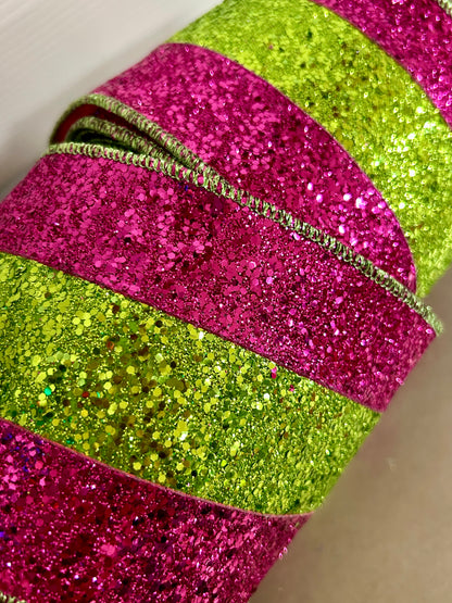 4 Inch By 10 Yard Fuchsia And Lime Large Glitter Stripe Ribbon