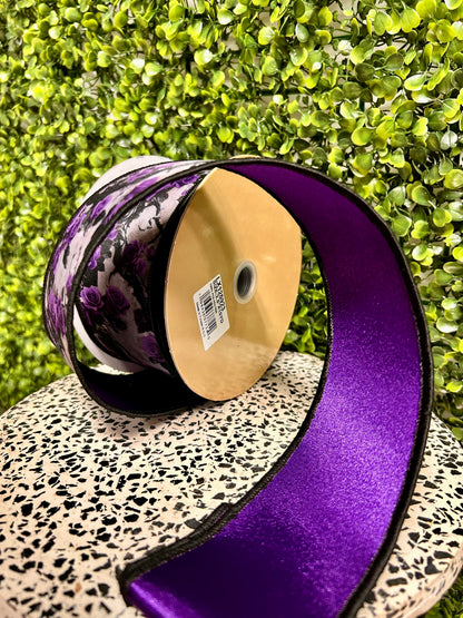 2.5 Inch By 10 Yards Violet And Lilac Roses And Vines Fused Ribbon