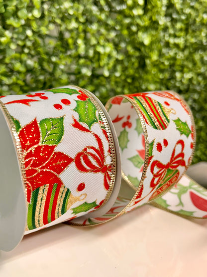 2.5 Inch By 10 Yard Poinsettia And Ornaments Ribbon