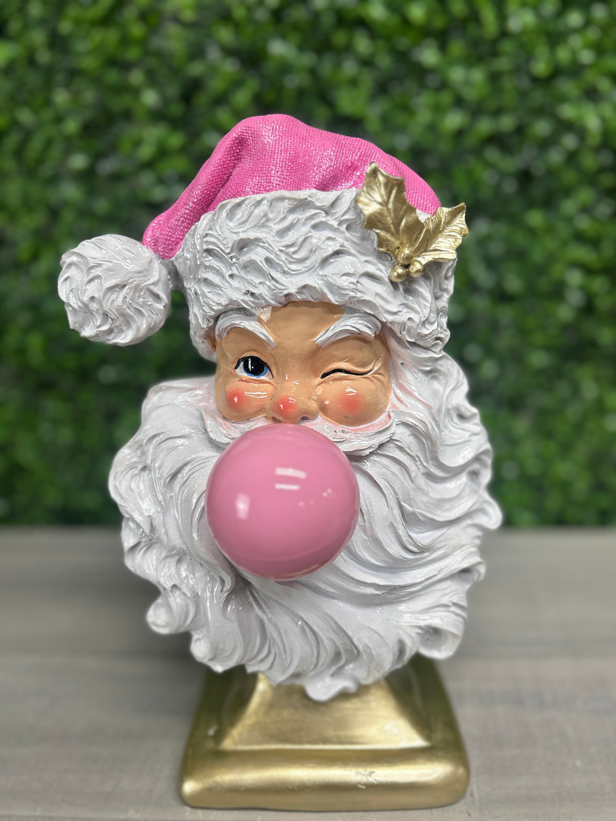 12.5 Inch Pink And White Resin Santa With Bubble Gum