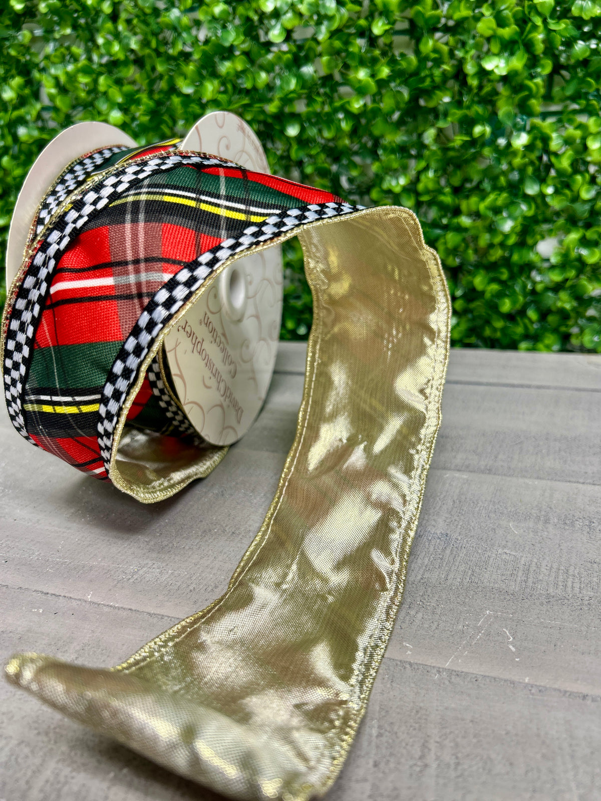 David Christopher's 2.5 Inch By 10 Yard Woven Plaid Check Ribbon With Gold Backing Ribbon
