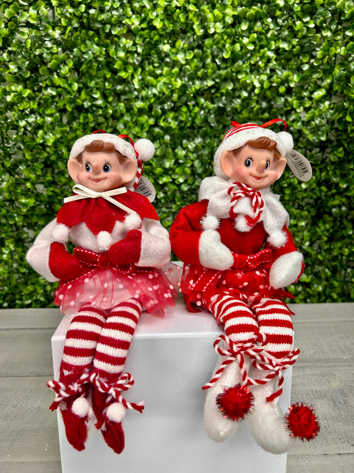 9 Inch Red And White Velvet Bendable Peppermint Elf Ornament Two Styles