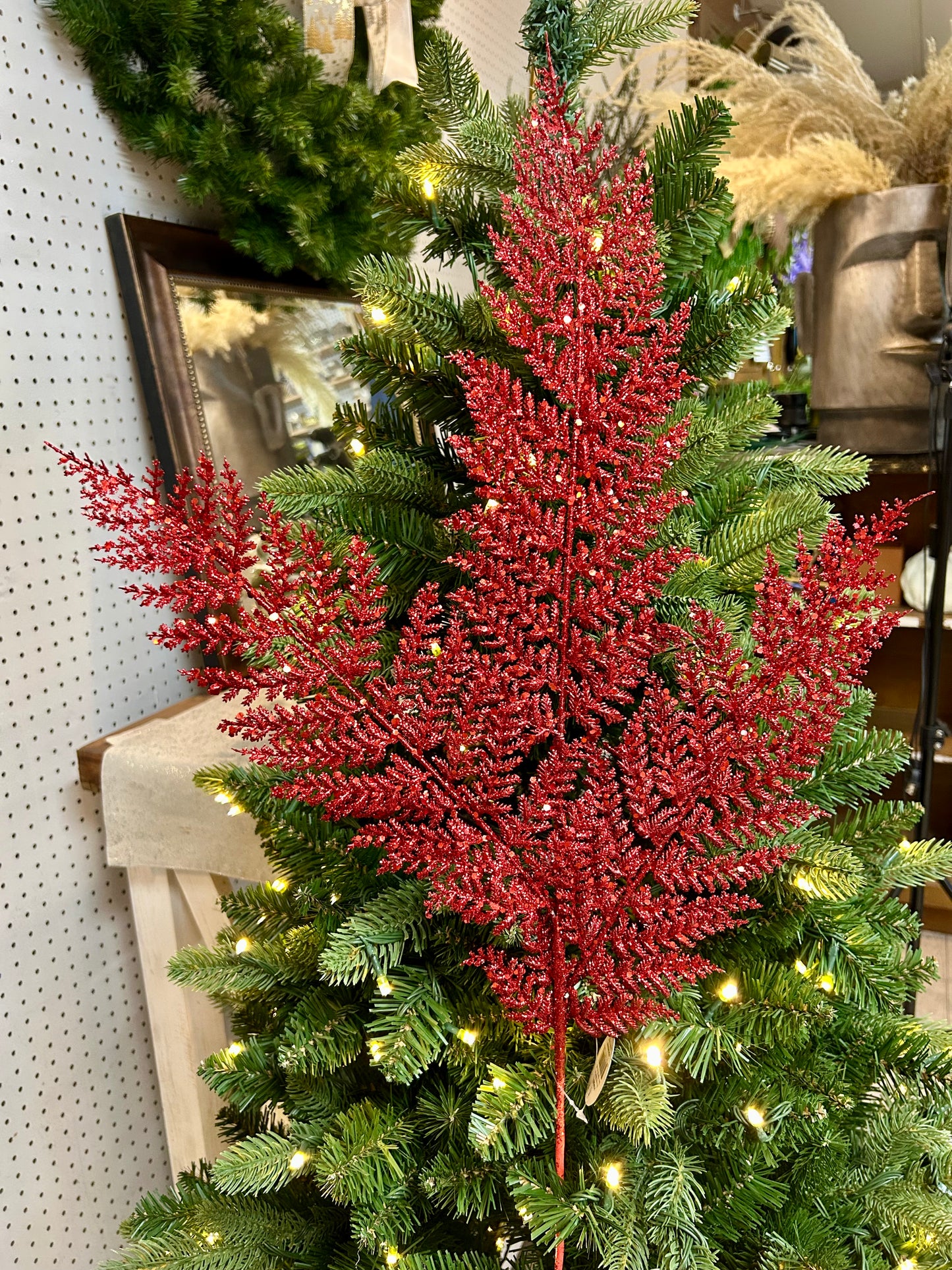 32 Inch Red Shimmery Glitter Fern Spray