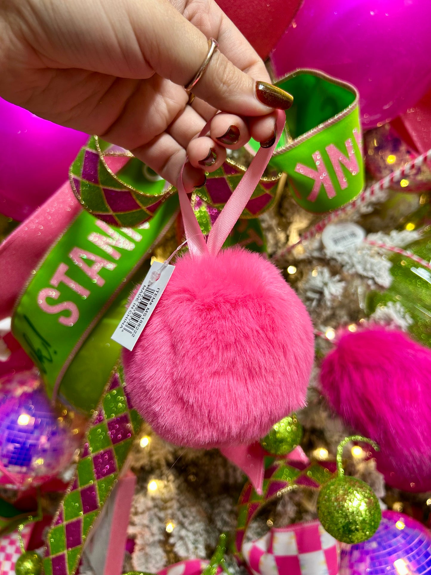 4 Inch Pink Furry Pom Pom Ornament