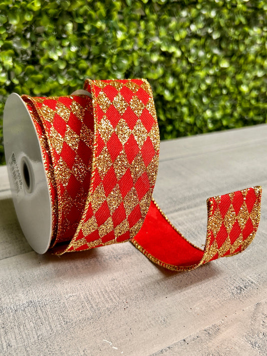 1.5 Inch By 10 Yard Red And Gold Glitter Harlequin Ribbon