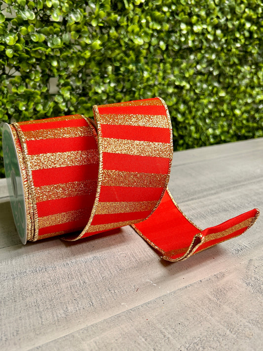 2.5 Inch By 10 Yard Red And Gold Horizontal Glitter Stripes Ribbon
