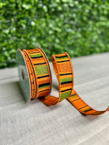 7/8 Inch By 10 Yard Orange Black And Lime Horizontal Stripe Ribbon