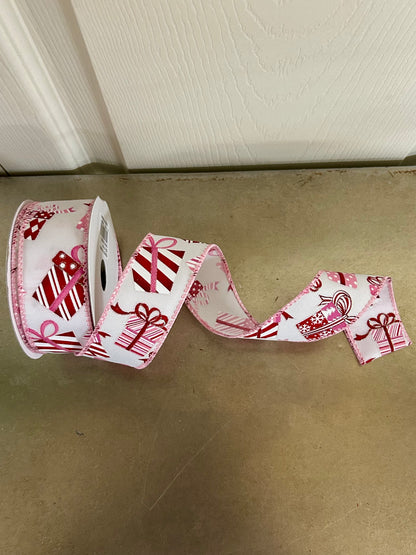 1.5 Inch By 10 Yard Red And Pink Wrapped Gifts On White Background Ribbon
