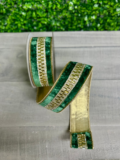 John Mark 1.5 Inch By 5 Yard Green Velvet Jeweled Center Fused Backing Ribbon