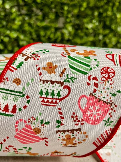 4 Inch By 10 Yard Christmas Hot Cocoa Mugs Ribbon