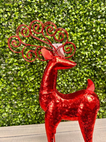 Red Metallic Curly Antler Standing Deer Two Assorted