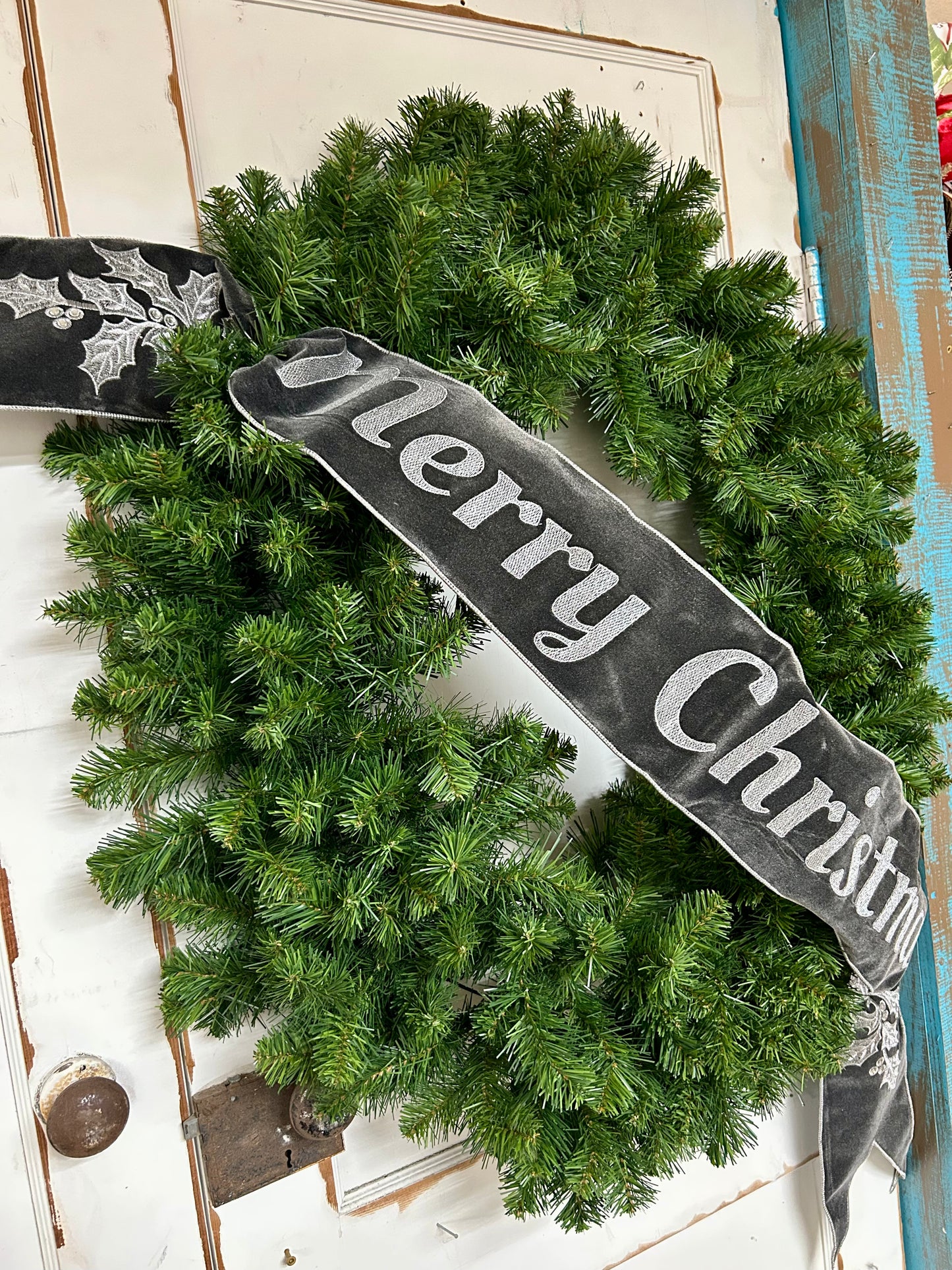 6 Inch By 70 Yard Grey Velvet Embroidery Jeweled Merry Christmas Banner